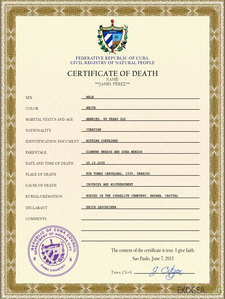 Modèle PSD de certificat de décès de l'état civil de Cuba